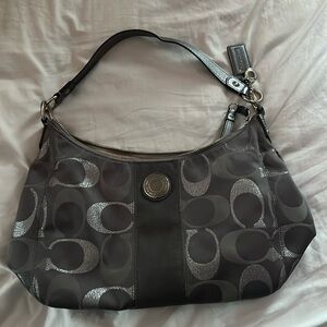 Coach Gray and Silver Canvas Signature Stripper Hobo with Coach Gray Wallet